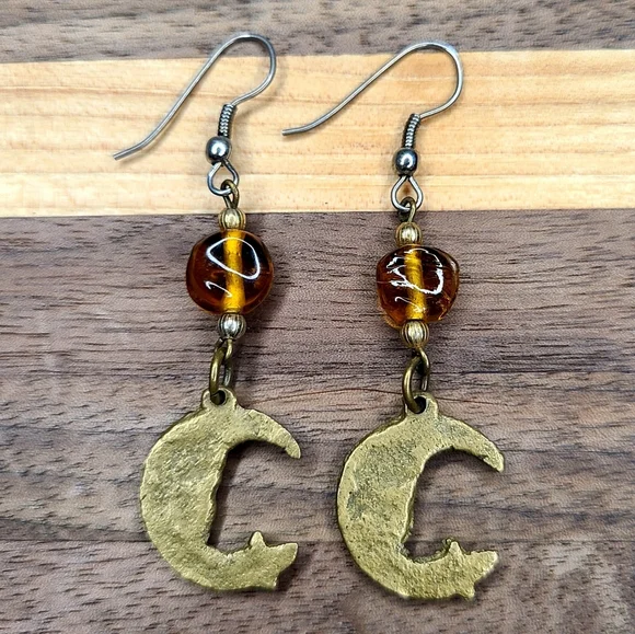 Y2K Celestial Sun Moon Stars Crescent Brass Earrings Glass Beads 90s Fairy Vtg - Picture 5 of 7